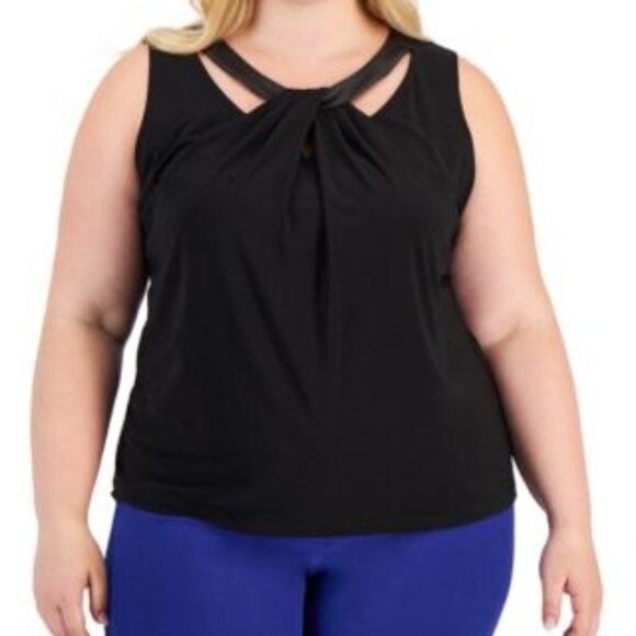 Kasper Plus Size Faux-Leather-Trim Blouse Top Black 2X NWT - Picture 1 of 2